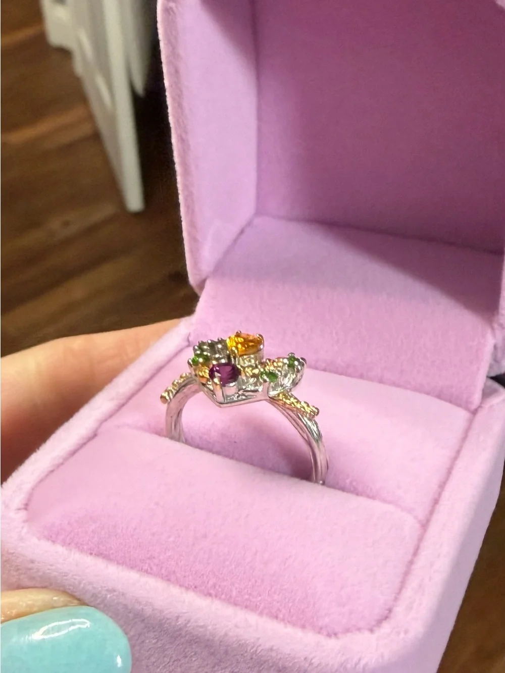 Natural Citrine Chrome Diopside & Garnet Heart Floral Twisted band Ring Sz 6.75